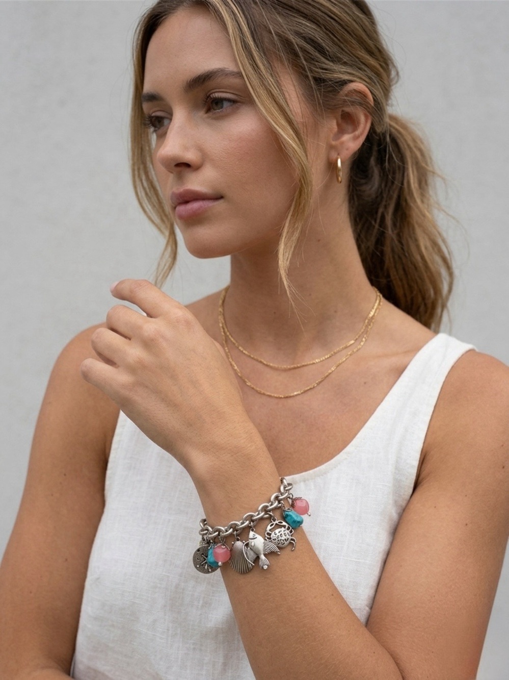 Unique Beach Sea Life Silver-Tone Metal Charm Bracelet Summer One Of A Kind